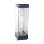 Vitrine en plexiglass motorisée avec éclairage intégré, serrure sécurisée, dimensions 38 x 38 x 138 cm.