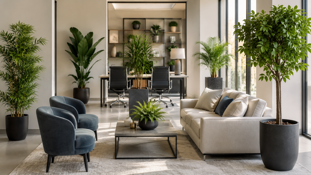 Plantes artificielles réalistes utilisées comme décoration durable pour un intérieur moderne, élégant et facile à entretenir.