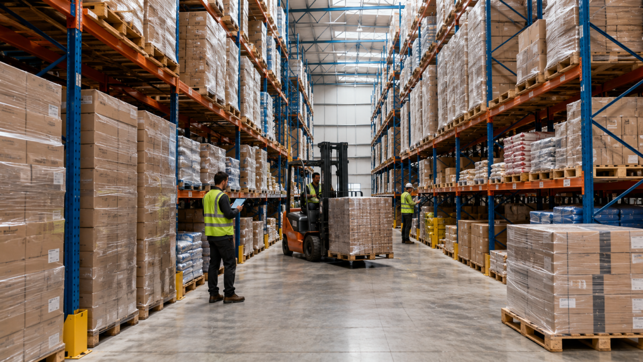 Rayonnage à palettes dans un entrepôt moderne permettant d'optimiser l'espace de stockage, la gestion des stocks et les opérations logistiques.