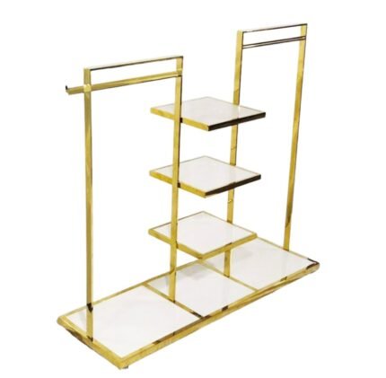 Présentoir Doré 3 Etageres Blanches + 2 Penderies