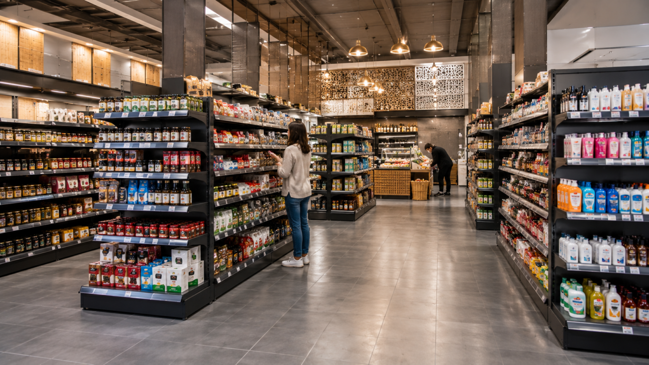 Rayonnage métallique moderne utilisé dans un commerce au Maroc pour optimiser la présentation des produits et l'aménagement du magasin.
