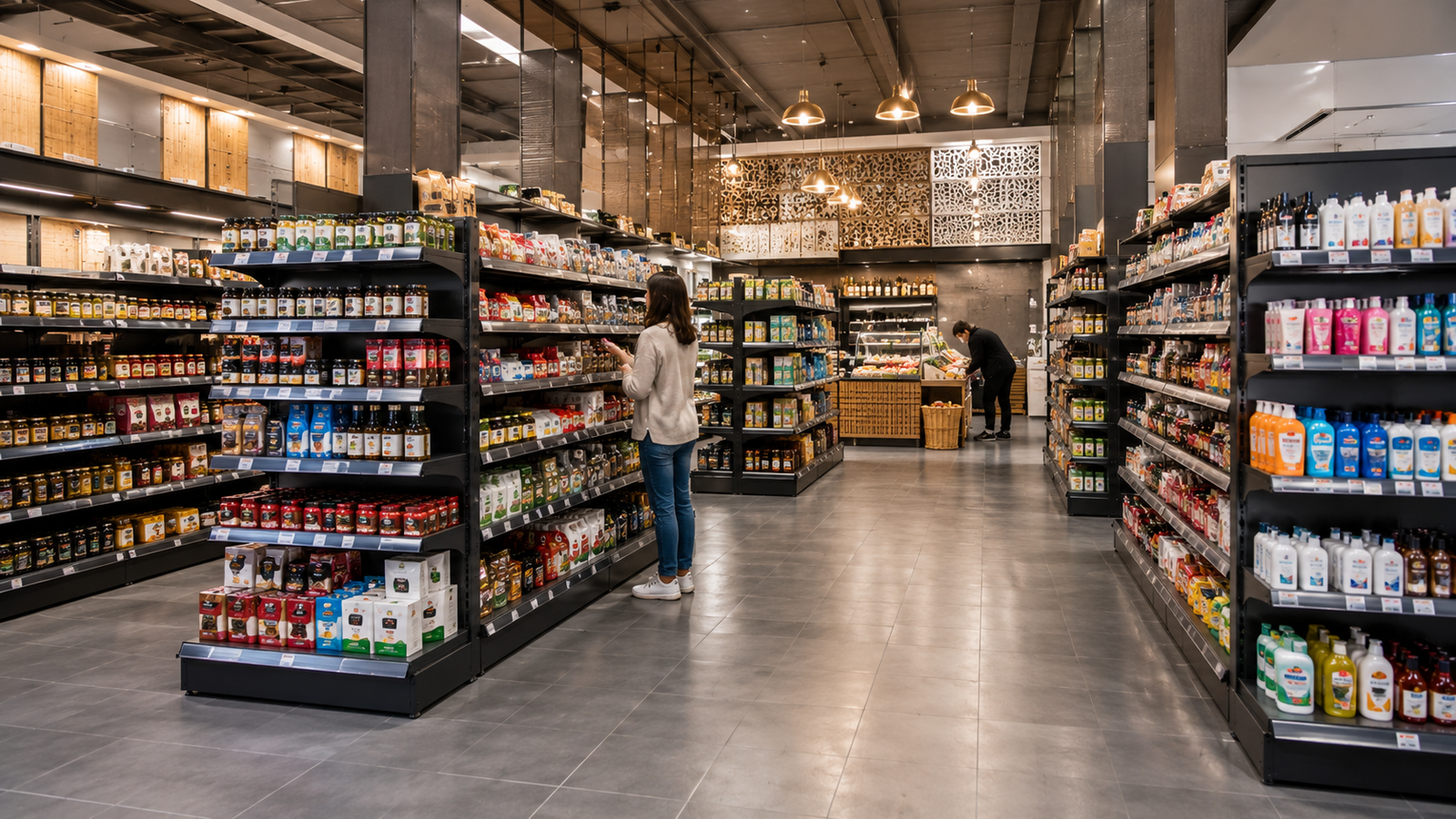 Rayonnage métallique moderne utilisé dans un commerce au Maroc pour optimiser la présentation des produits et l'aménagement du magasin.