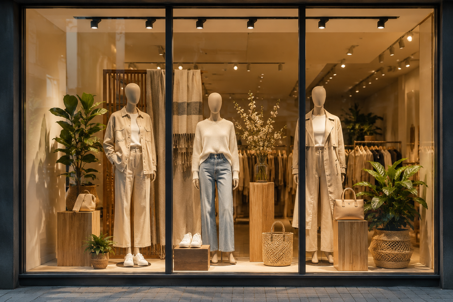 Vitrine de boutique équipée de mannequins professionnels et d'un merchandising visuel efficace pour améliorer l'attractivité du magasin et augmenter le trafic en point de vente.
