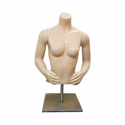Buste mannequin femme couleur chair brillante, sans tête, avec bras et socle métallique, modèle NY BFB-SB-BF01H.