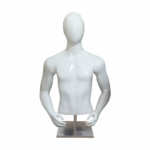 Buste mannequin homme blanc brillant avec tête sans visage et bras, sur socle métallique, modèle NY BHBT-BB-GF76.
