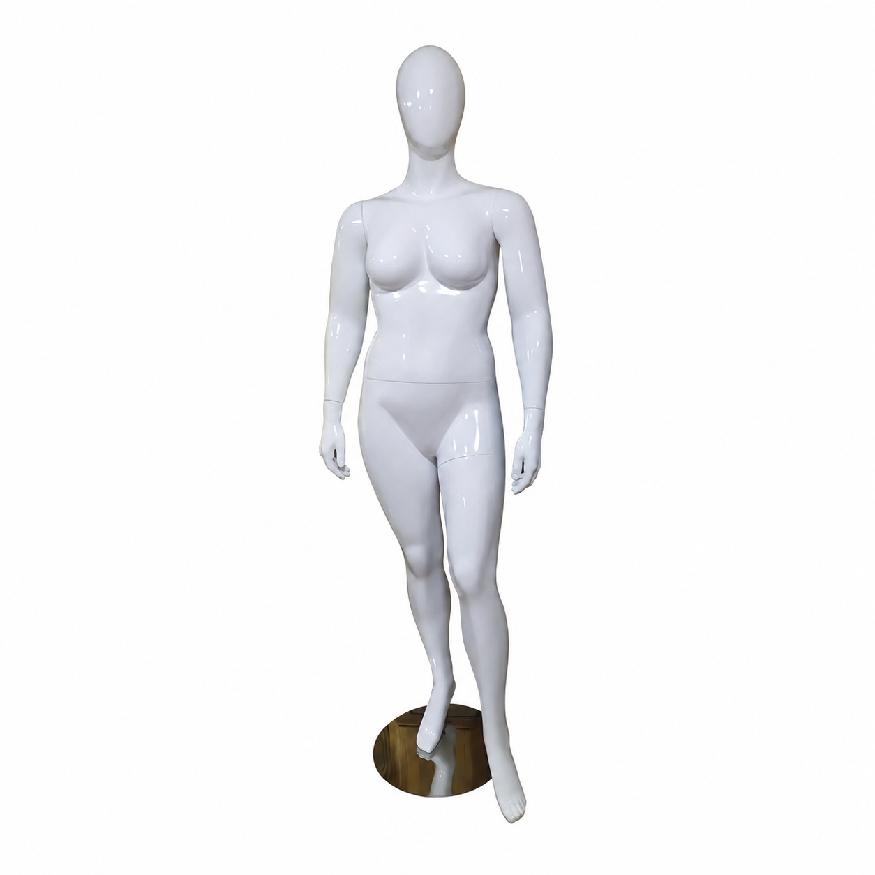Mannequin femme avec tête pour vitrine à la silhouette généreuse – blanc, finition brillante Mannequin femme avec tête pour vitrine à la silhouette généreuse – blanc, finition brillante
