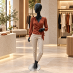Mannequin femme sans visage, noir, finition mate, en mise en scène dans une boutique de prêt-à-porter