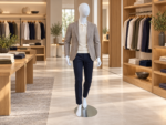Mannequin homme avec tête, blanc, finition brillante, en mise en scène dans une boutique de prêt-à-porter