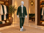Mannequin homme avec tête, blanc, finition brillante, en mise en scène dans une boutique beldi