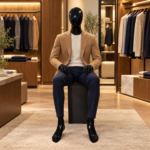 Mannequin homme avec tête, noir, finition brillante, en mise en scène dans une boutique de prêt-à-porter