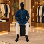 Mannequin homme avec tête, noir, finition brillante, en mise en scène dans une boutique beldi